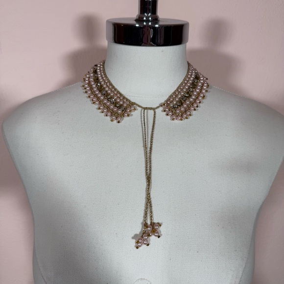 Vintage 1940’s Art deco Pink glass pearl Gold crochet Peter Pan collar with ties - Picture 4 of 17